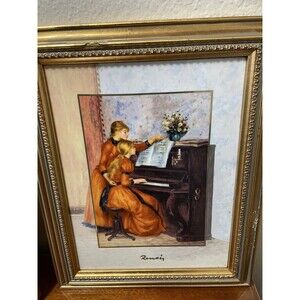 Vintage Gold Framed Renoir Litho Art Porcelain Plaque Two Girls at Piano 9x12”